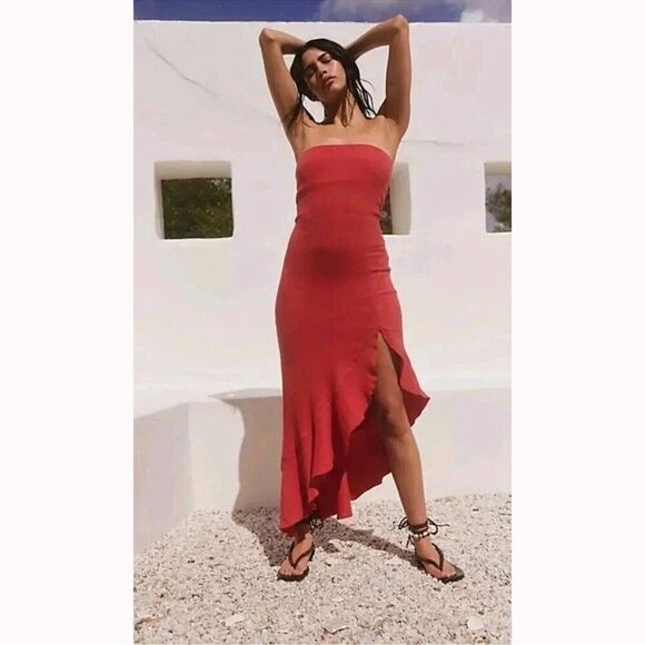 NWT Free People “Made Me Blush” Gauze Ruffle Tube Midi Dress - Picture 1 of 5